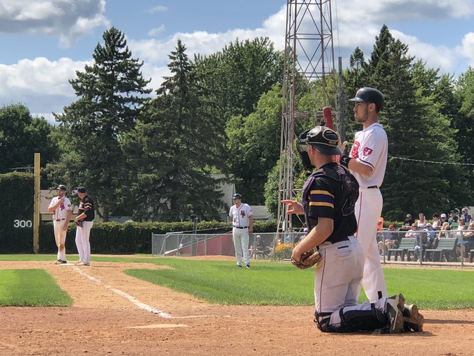 Joey Burgemeister bats, Pat Schultz on 1st